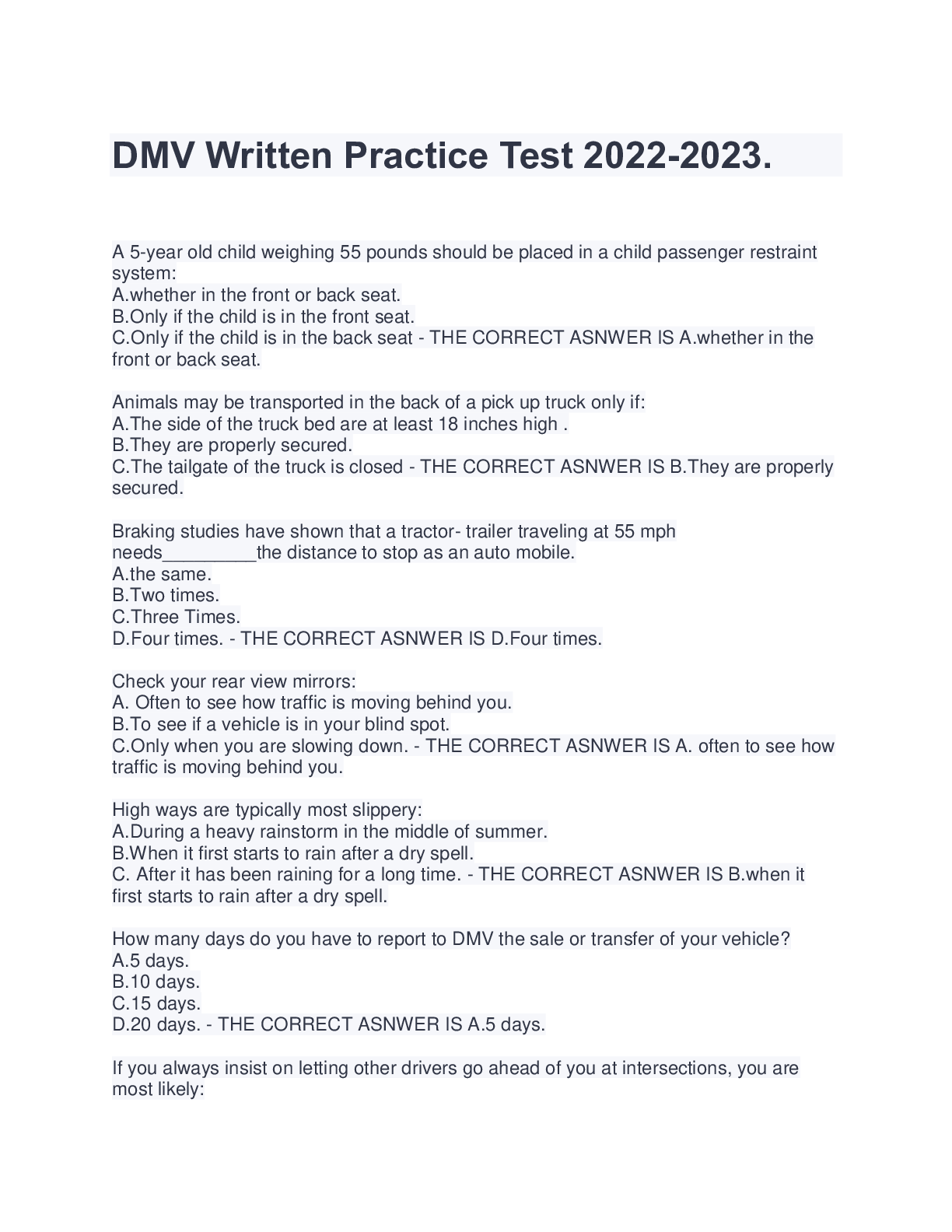 DMV Written Practice Test 2022 2023 